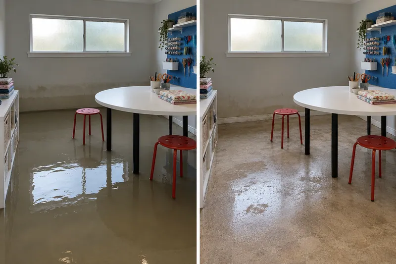 Water Extraction Near Chandor Gardens — same room before standing water pickup and afterward with damp flooring