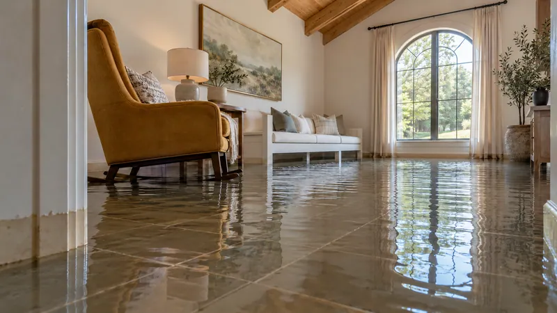 Water Extraction Near Chandor Gardens — substantial standing water with visible waterlines and submerged furniture feet