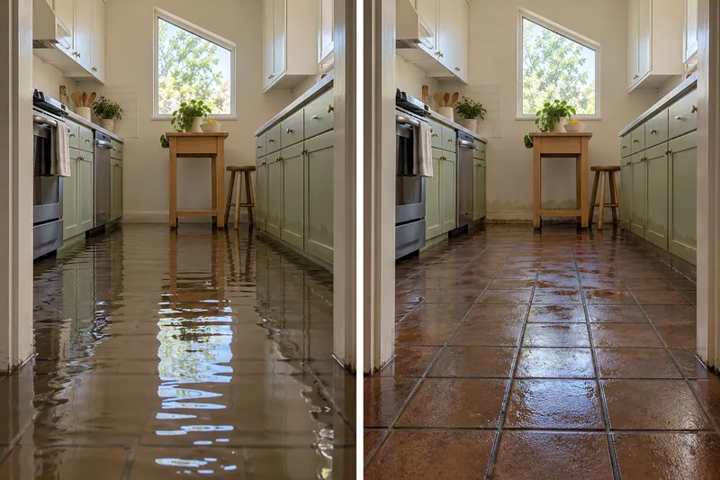 Water Extraction Near Cherry Park — same room before standing water pickup and afterward with damp flooring