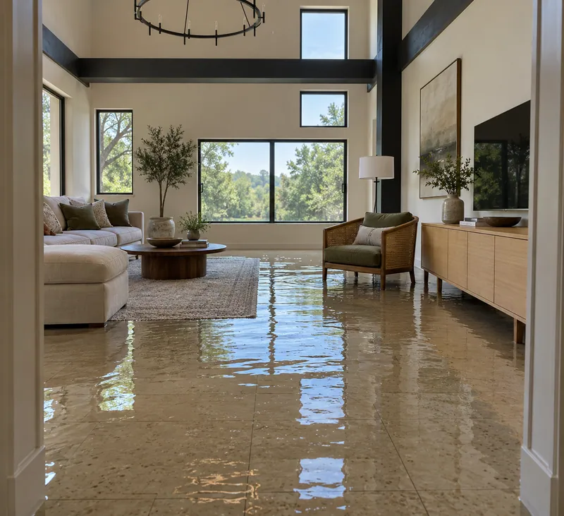 Water Extraction Near Cherry Park — substantial standing water with visible waterlines and submerged furniture feet