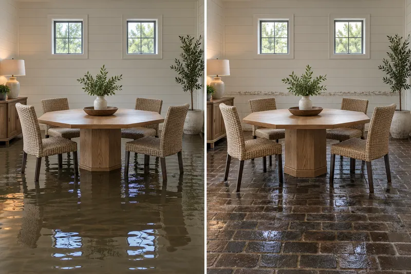 Water Extraction Near Holland Lake Park — same room before standing water pickup and afterward with damp flooring