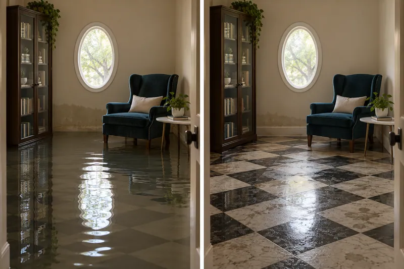 Water Extraction Near Soldier Spring Park — same room before standing water pickup and afterward with damp flooring