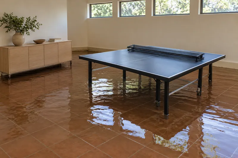 Water Extraction Near Soldier Spring Park — substantial standing water with visible waterlines and submerged furniture feet