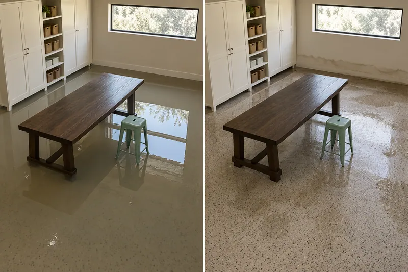 Water Extraction Near Cartwright Park — same room before standing water pickup and afterward with damp flooring