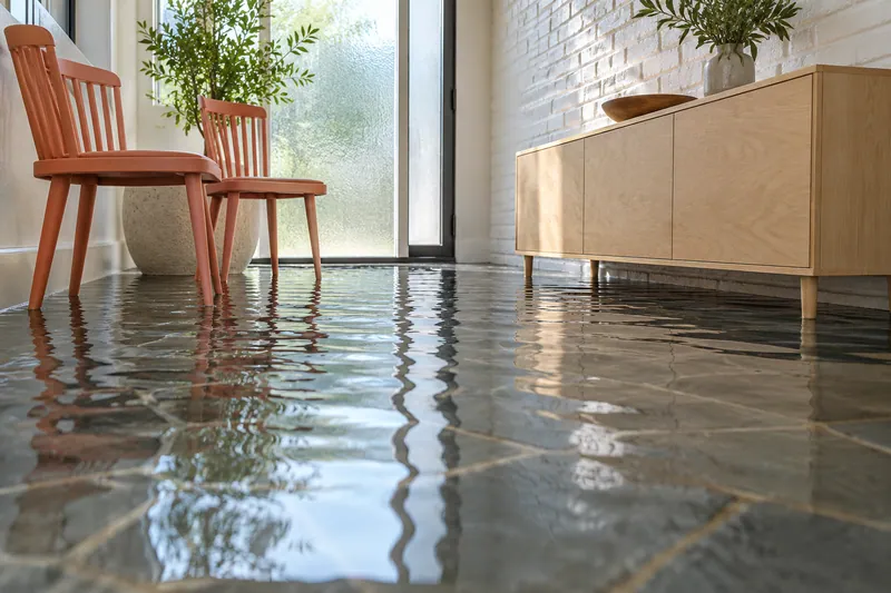 Water Extraction Near Cartwright Park — substantial standing water with visible waterlines and submerged furniture feet
