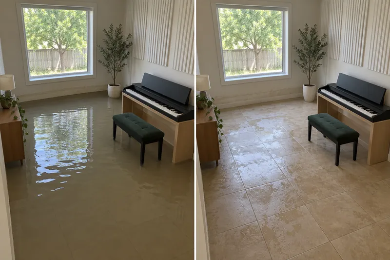 Water Extraction Near Town Creek Trail — same room before standing water pickup and afterward with damp flooring
