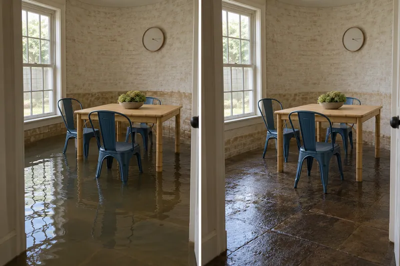 Water Extraction in Weatherford — same room before standing water pickup and afterward with damp flooring